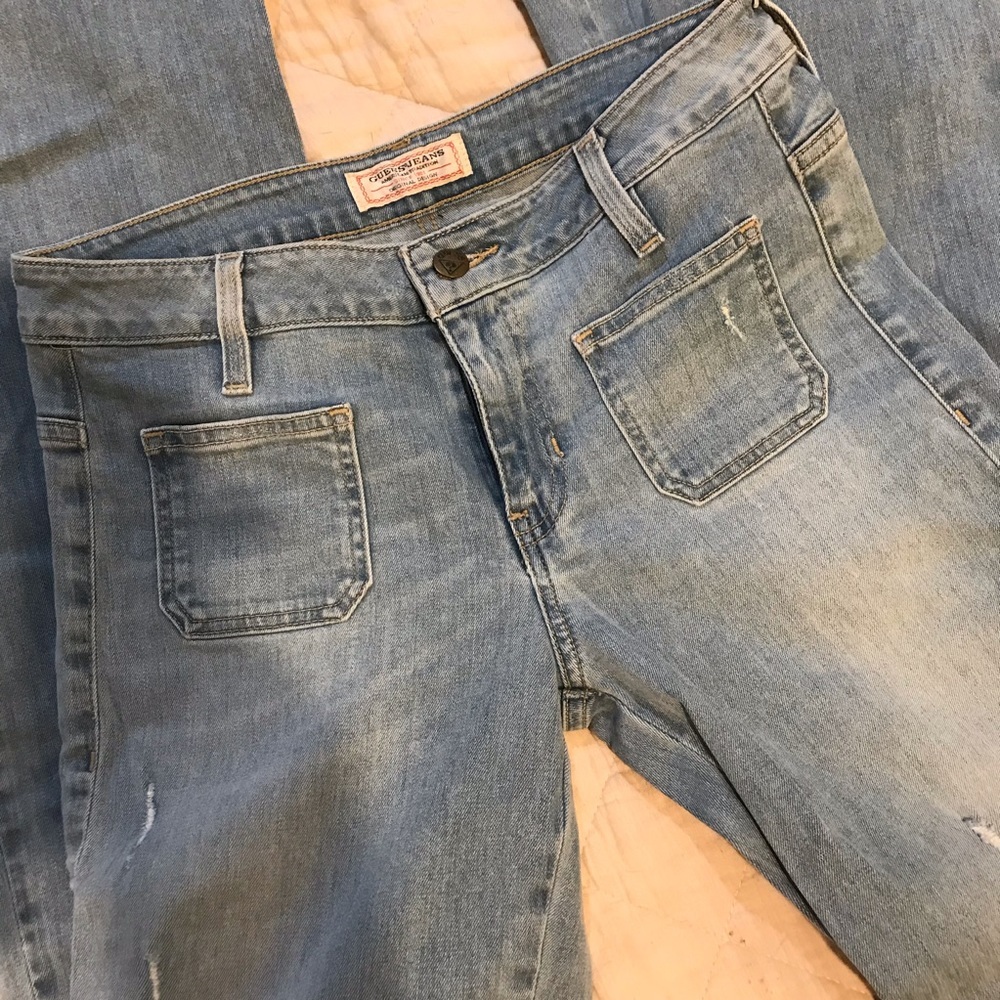 Guess Women's Faded Blue Boot Cut Jeans Distressed, Long